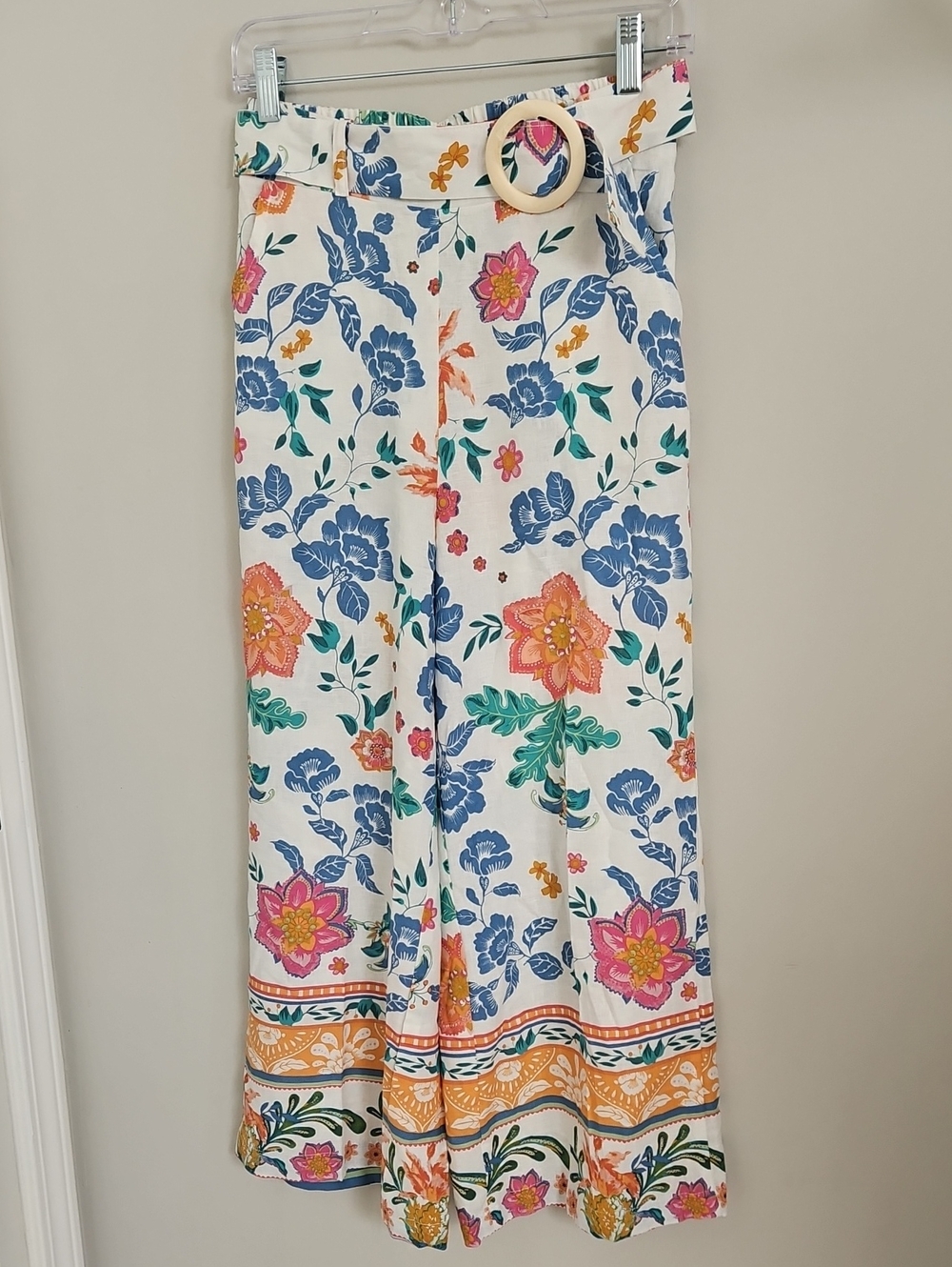 Rachel Zoe Linen Blend Floral Palazzo Pants XS High Rise Wide Leg Belted Resort - Picture 2 of 9